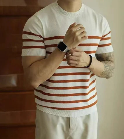 Men's Short Sleeve Striped Round Neck Ice Silk T-shirt